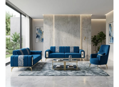 Blau-Goldene Moderne Polstergarnitur Wohnzimmer Sofas Edle Sessel