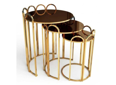3er Set Beistelltische Rund Gold Glas Metall Design Couchtisch Modern