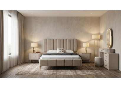 Moderne Schlafzimmer Set Bett mit 2x Nachttischen und stilvollen Schminktisch