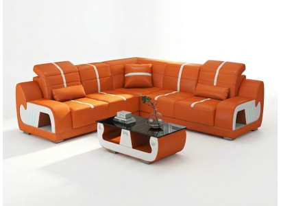 Großes orangefarbenes L-förmiges Ecksofa aus Leder Couchtisch Wohnzimmer *