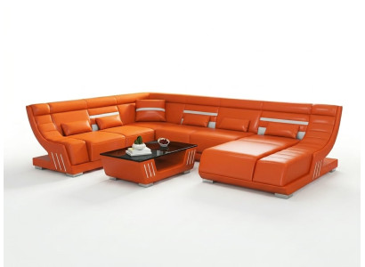 Modern Wohnlandschaft U-Form Couchtisch Orange LED Sofa Set Couch