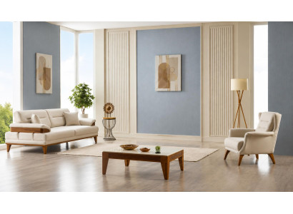 Wohnzimmer Set 3-Sitzer Sofa, Sessel Weiß Moderner Stil Minimalistisches