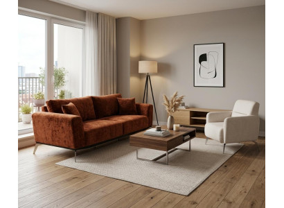 Wohnzimmer Set: 3-Sitzer Sofa + Sessel Couch Modern Design Braun Neu