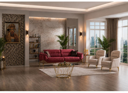 Wohnzimmer Set: 3-Sitzer Sofa, 2x Sessel Beige Moderner Minimalistisch