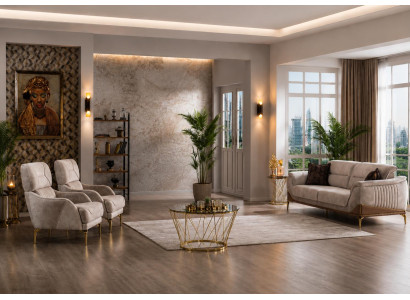 Wohnzimmer Set: 3-Sitzer Sofa, 2x Sessel Beige Moderner Minimalistisch