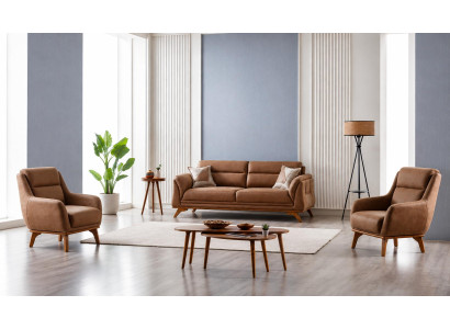 Wohnzimmer Set 3 Sitzer Sofa, Sessel braun Minimalistisches Design