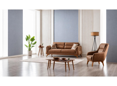 Wohnzimmer Set: 3-Sitzer Sofa, Sessel Braun Minimalistisches Design