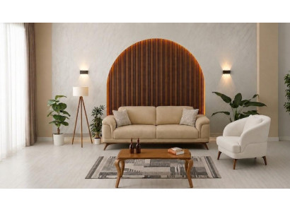 Wohnzimmer Set: 3-Sitzer Sofa, Sessel Beige Minimalistisches Design