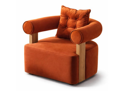 Samtiger Loungesessel in Orange mit Holzdetails und Zierkissen