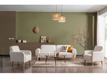 Wohnzimmer Set: 3-Sitzer Sofa, x2 Sessel Weiß Minimalistisches Design
