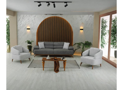 Wohnzimmer Set: 3-Sitzer Sofa, 2x Sessel Grau Minimalistisches Design