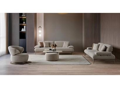 Sofa Set 3 Sitzer Sofa Sessel Hocker Couchtisch Beige Modern Luxus
