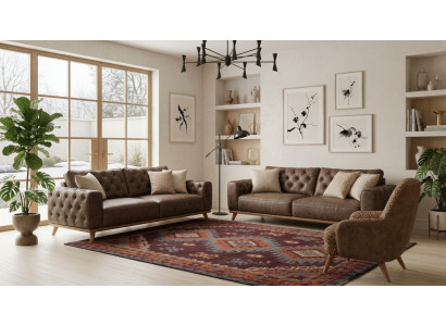 Elegantes Braun 3+3+1 Polstermobel Set Lounge Sessel Chesterfield Optik