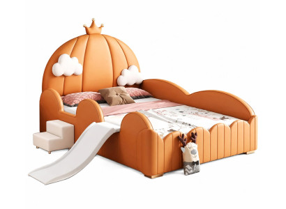 Braunes Kinderbett mit Seitengittern Bett mit Rutsche und Treppe
