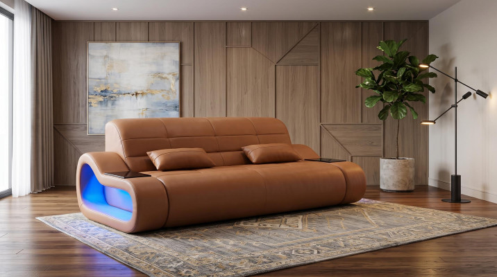 2-Sitzer Ledersofa Modern Braun Elegant LED Ablage Komfort Design *