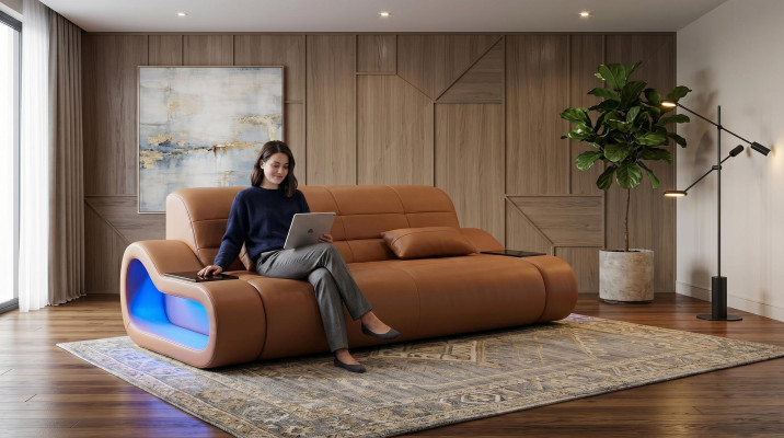 2-Sitzer Ledersofa Modern Braun Elegant LED Ablage Komfort Design *