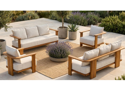 Gartenlounge Set 3-Sitzer Sofa Sessel Beige Kissen Komfort Modern