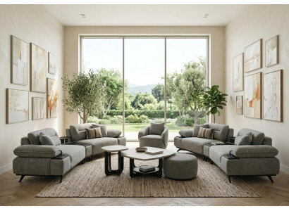Sofa Set 3 Sitzer Sessel Couchtisch Hocker Modern Grau Edel Polster