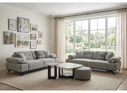 Sofa Set 3 Sitzer Couchtisch Hocker Modern Grau Edel Luxus Garnitur