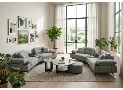 Sofa Set 3 Sitzer Couchtisch Hocker Modern Grau Edel Luxus Garnitur