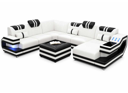 Luxus Ecksofa weiß Kunstleder mit LED Couchtisch große Polstergarnitur