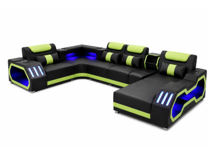 Modernes weiches Ecksofa U-form Wohnzimmer schwarz Kunstleder LED Lounge