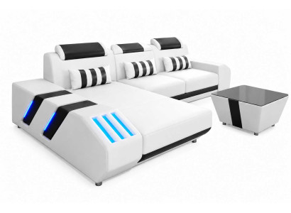 Modernes Ecksofa L-Form mit Couchtisch Wohnzimmer weiß Kunstleder LED Lounge