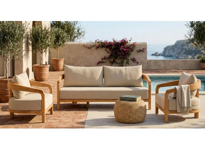 Gartenlounge Set 3-Sitzer Sofa Sessel Beige Kissen Modern Neu