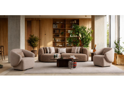 3 Sitzer Sofa 2x Sessel Beige Modern geräumig komfortabel