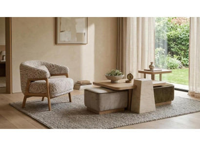 Sessel Set Couchtisch Beistelltisch Hocker Modern Beige Edel Garnitur