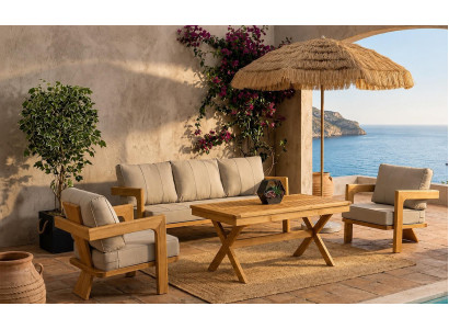 Gartenlounge Set 3-Sitzer Sofa Sessel Beige Kissen Couchtisch Modern