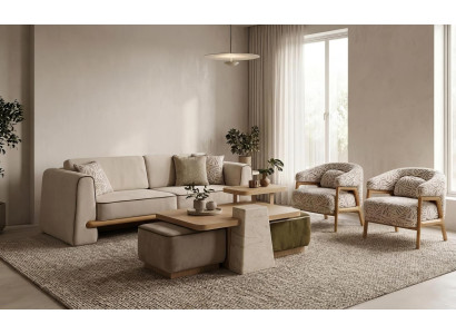 Sofa Set Sessel Couchtisch Hocker Beistelltisch Modern Beige Luxus