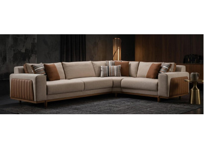 Designer Eckcouch Beige Braun Kombi mit Holz Fuss Eleganz