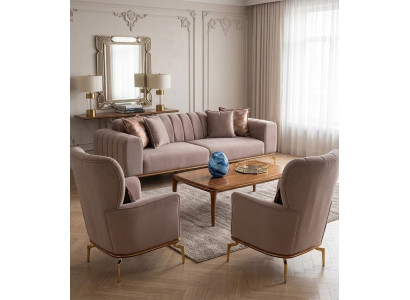 Luxus Wohnzimmerset Sofa 3 Sitzer 2 Sessel Polstergruppe Goldgestell