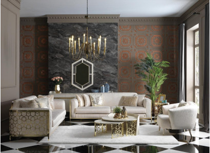 Weiss Luxus Wohnzimmer Set mit Gold Akzenten Sofa Sessel Couchtisch