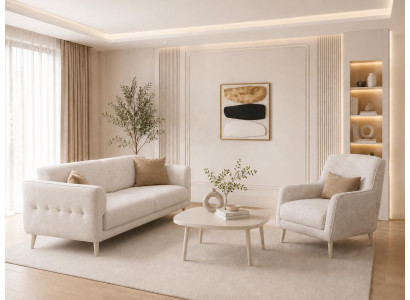Sofa Beige Stoff Modern Sessel Polstersofa Wohnzimmer Set