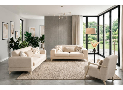 Wohnzimmer Set 2x 3-Sitzer Sofa Sessel Beige Modern Polstergarnitur