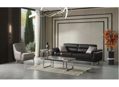 Modern 3-Sitzer Sofa Sessel Set Schwarz Beige Stoff Metall
