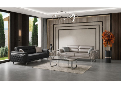 2x 3-Sitzer Sofa Set Beige Schwarz Modern Stoff Metall Wohnzimmermöbel
