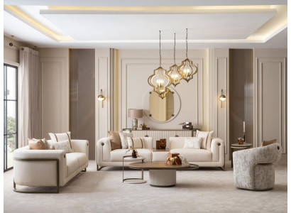Beige Luxus Wohnzimmer Set Sofas Sessel Couchtisch Sideboard mit Spiegel