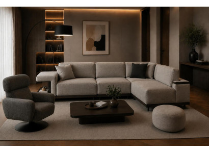 Komfortables Wohnzimmer Set mit Ecksofa, Sessel und Hocker