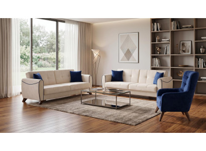 Blau-beiges Wohnzimmer-Set Sofas Stoff Sessel hohe Qualität