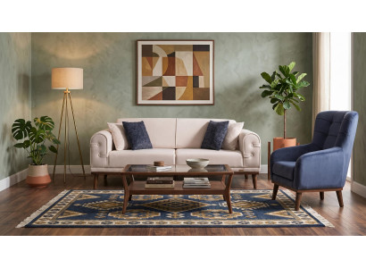 Beige-blaues Wohnzimmer-Set 3-Sitzer-Sofa Stoffsofa und Sessel modern