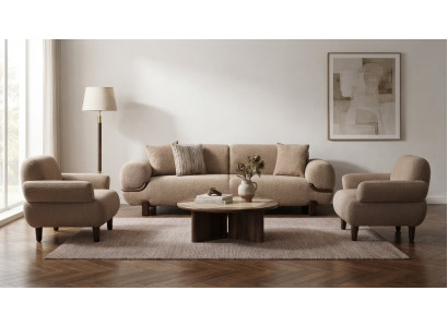Design Polstergarnitur Braun Stoff Holz 3-Sitzer 2x Sessel Modern