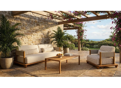 Gartenlounge Set 3-Sitzer Sofa Sessel Beige Kissen Modern Couchtisch