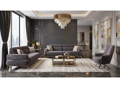 Grau-beiges Wohnzimmer-Set Sofas goldene Füße Stoffsofas
