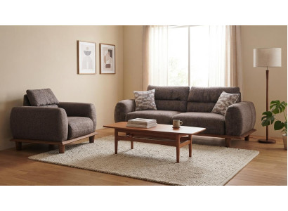 Modernes Braunes Sofa Set 3-Sitzer mit Sessel Stoff Holz Wohnzimmer