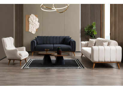 Elegante Polstergarnitur 4-tlg Sofa Sessel Stoff Holz Weiß Modern