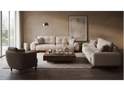 Modern Weißes Sofa Set 2x 3-Sitzer Sessel Stoffbezug Holzrahmen
