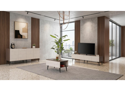 Beige-braunes Wohnzimmer-Set TV-Lowboard Couchtisch Konsole